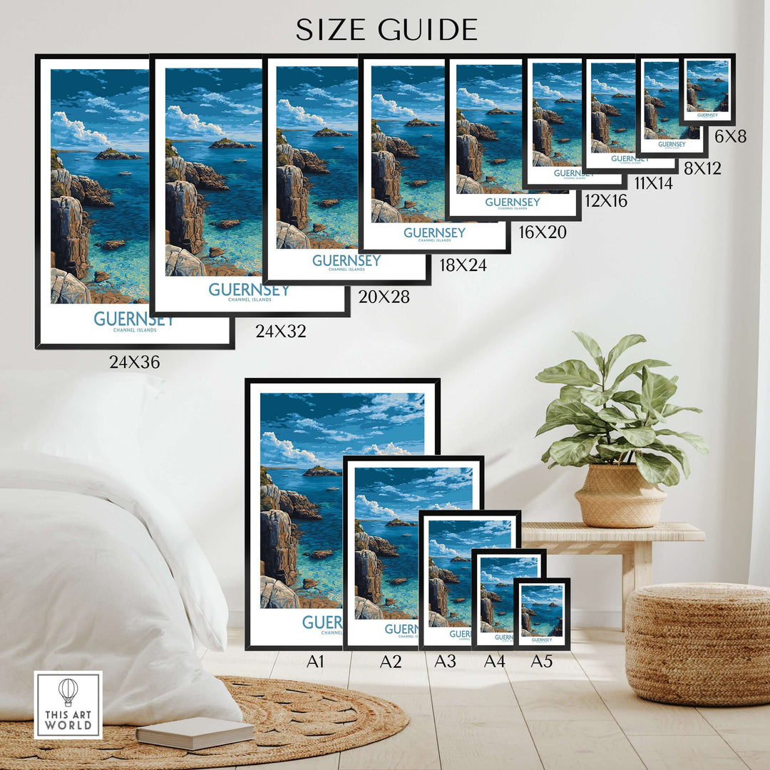 Guernsey Print Channel Islands Coast Art | Rocky Shore Sailing Poster size guide with various dimensions displayed.