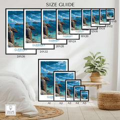 Guernsey Print Channel Islands Coast Art | Rocky Shore Sailing Poster size guide displayed in various frame sizes.