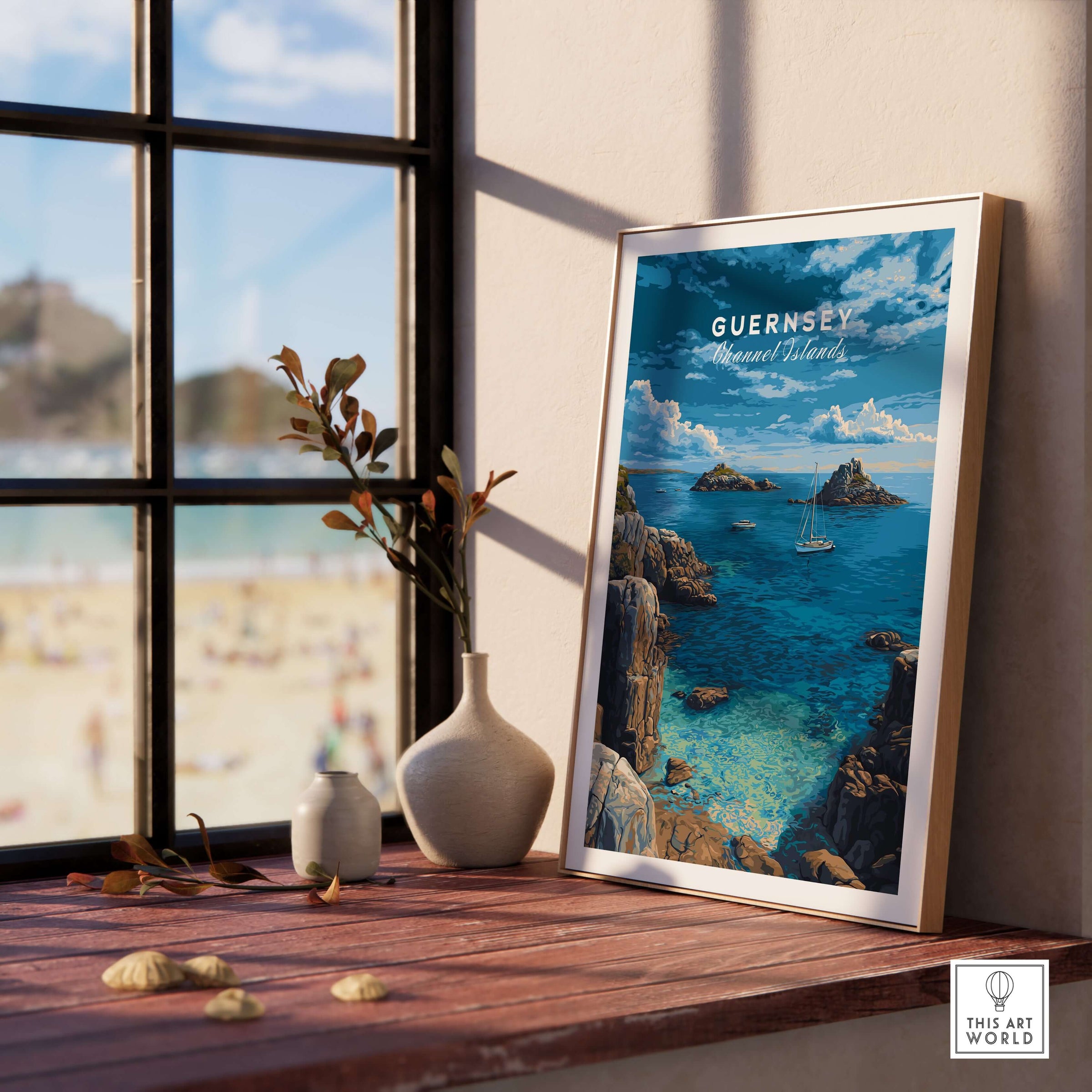 Guernsey Print | Channel Islands Wall Decor displayed on a windowsill with coastal view.