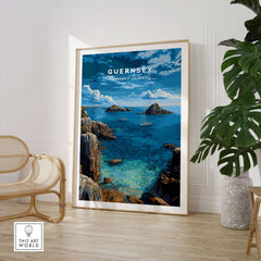 Guernsey Print | Channel Islands Wall Decor featuring a vibrant coastal scene in a stylish living room setting.