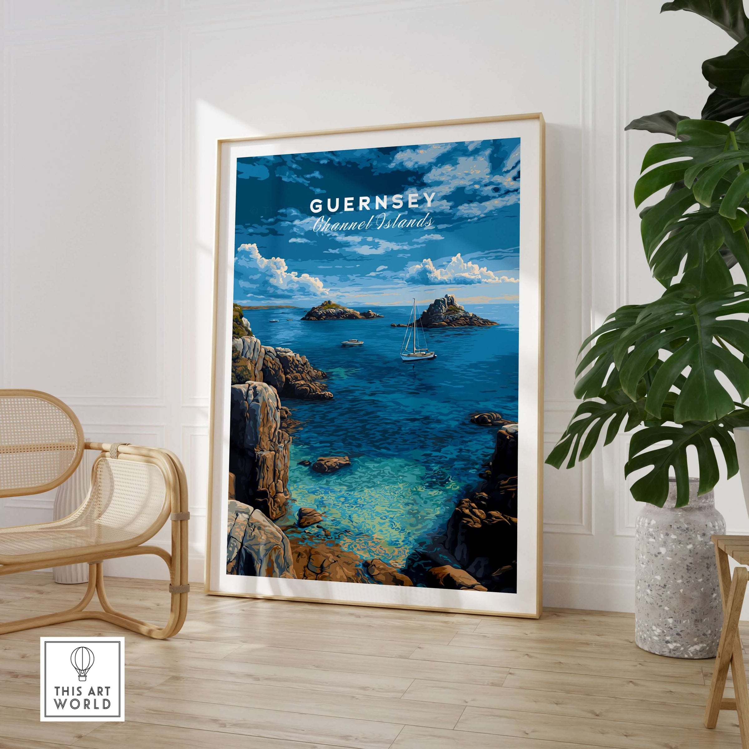 Guernsey Print | Channel Islands Wall Decor featuring a vibrant coastal scene in a stylish living room setting.
