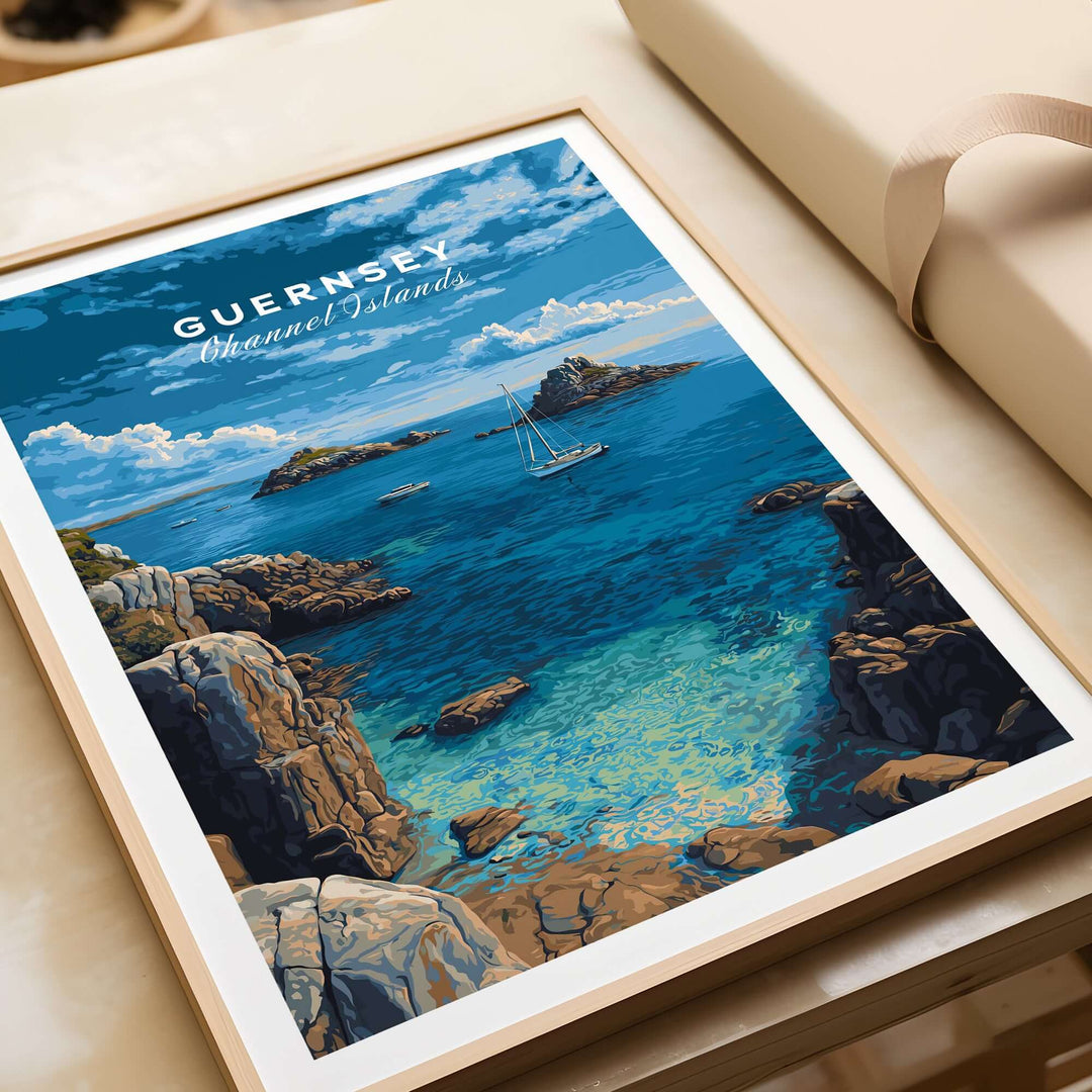 Guernsey Print | Channel Islands Wall Decor featuring a scenic coastal landscape with a sailboat.