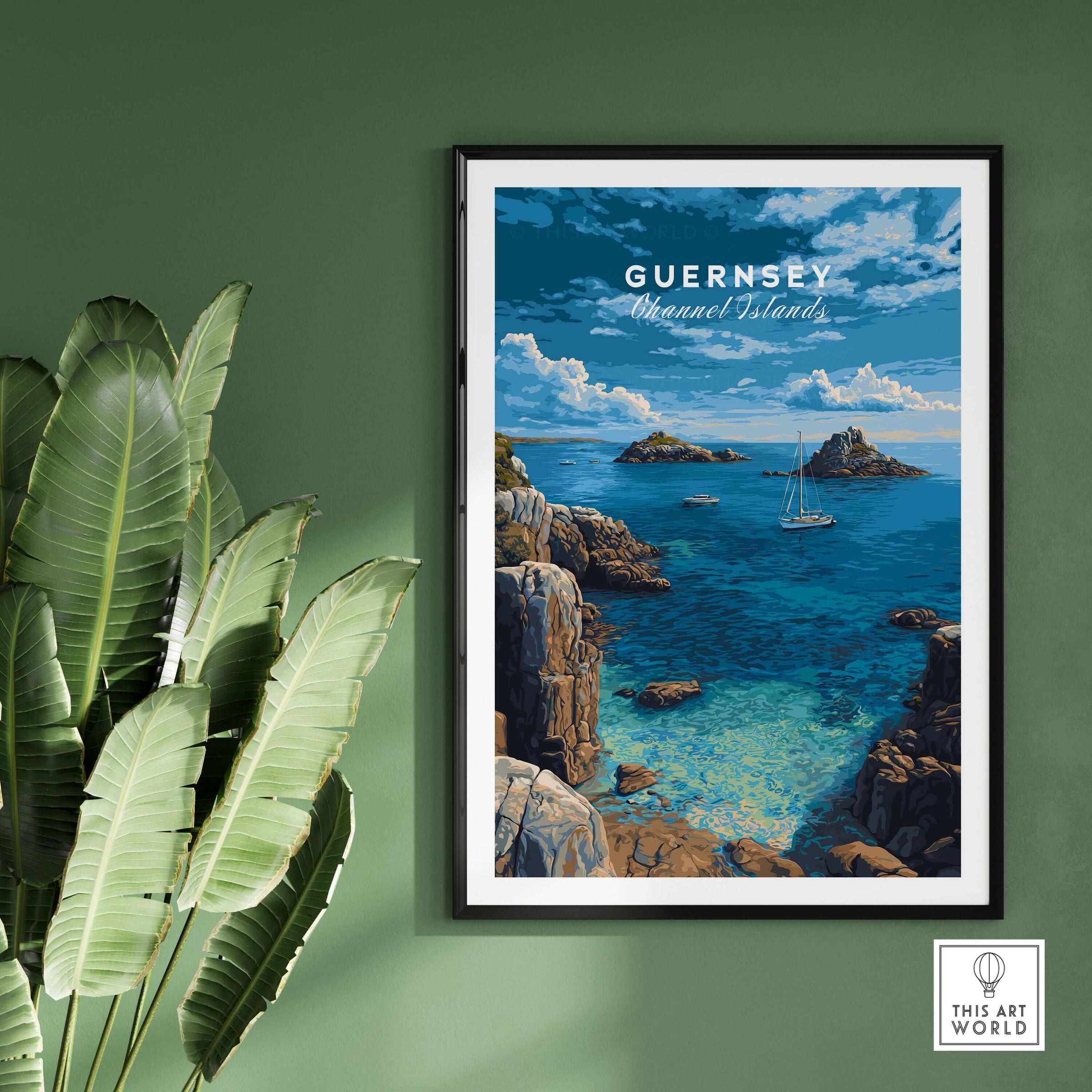 Guernsey Print | Channel Islands Wall Decor showcasing coastal beauty and tranquility in a framed illustration.