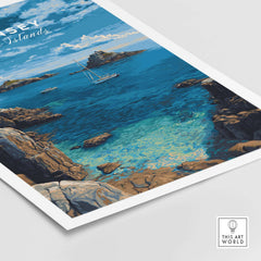 Guernsey Print | Channel Islands Wall Decor depicting a serene coastal scene with boats and rocky shores.