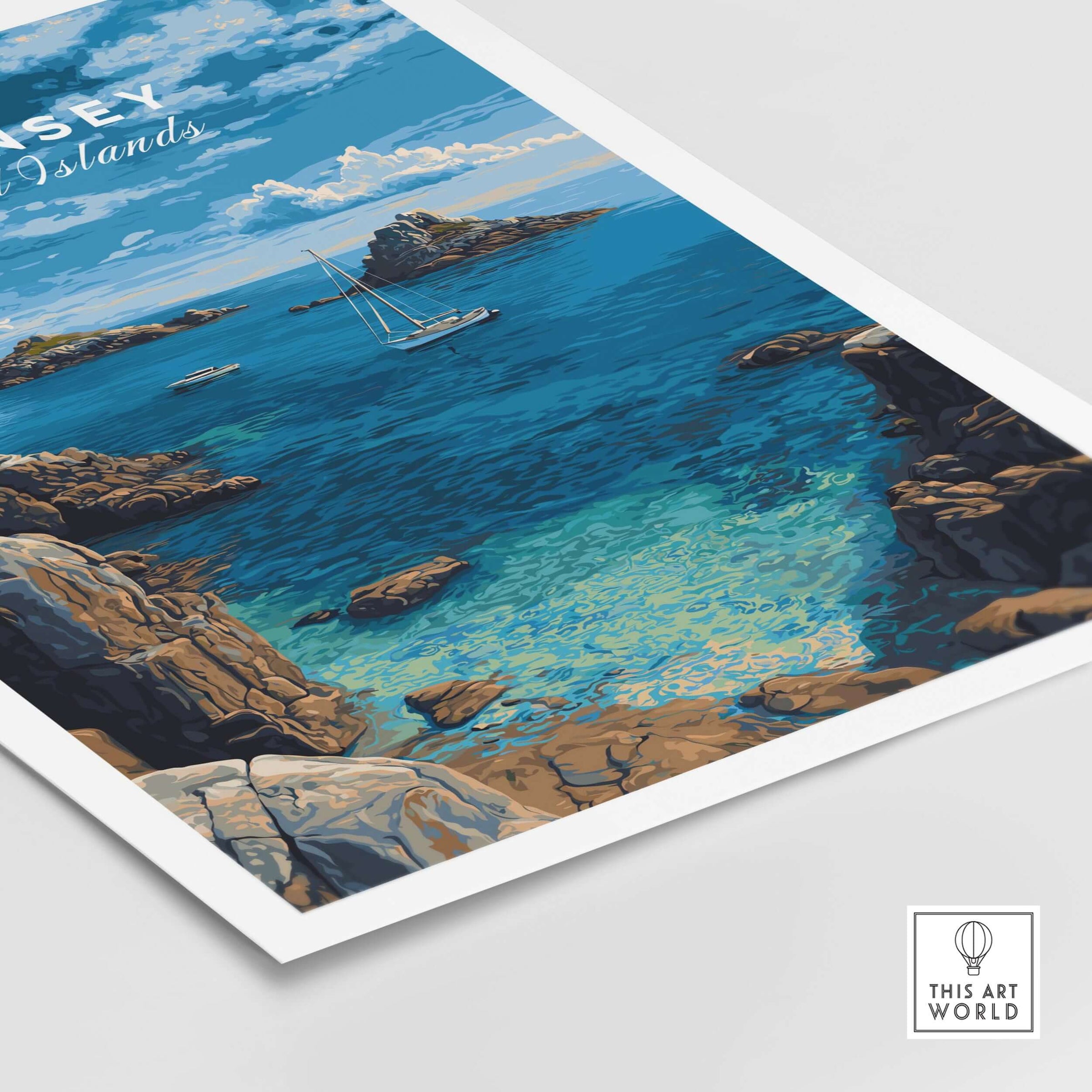 Guernsey Print | Channel Islands Wall Decor depicting a serene coastal scene with boats and rocky shores.