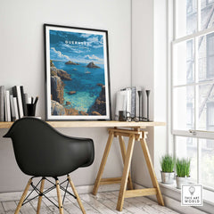 Guernsey Print | Channel Islands Wall Decor showcasing coastal beauty in a stylish home office setting.