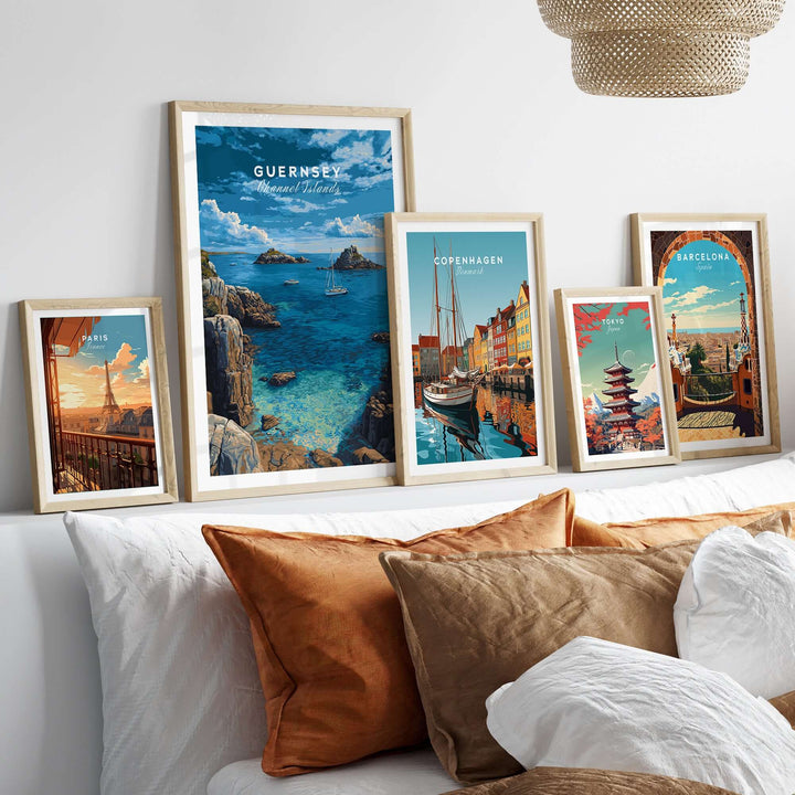 Guernsey Print | Channel Islands Wall Decor displayed among other scenic art prints in a stylish home setting.