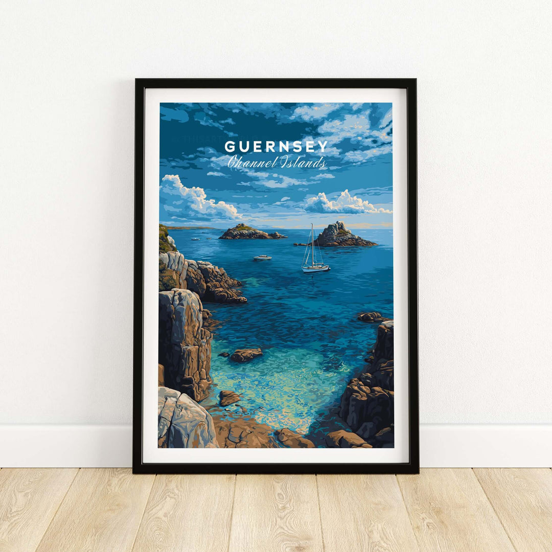 Guernsey Print | Channel Islands Wall Decor featuring serene coastal landscape and sailboat.