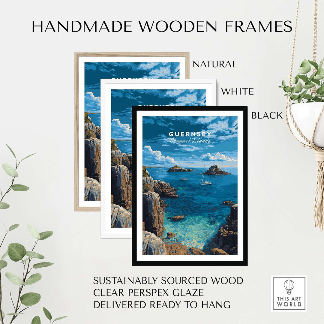 Guernsey Print | Channel Islands Wall Decor displayed in handmade wooden frames in natural, white, and black finishes.