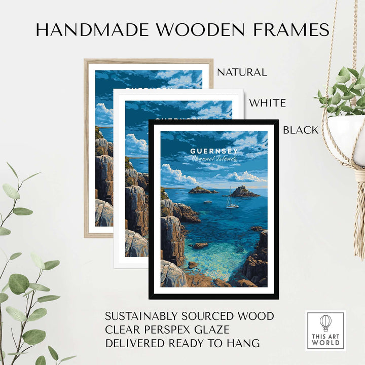Guernsey Print | Channel Islands Wall Decor displayed in handmade wooden frames in natural, white, and black finishes.