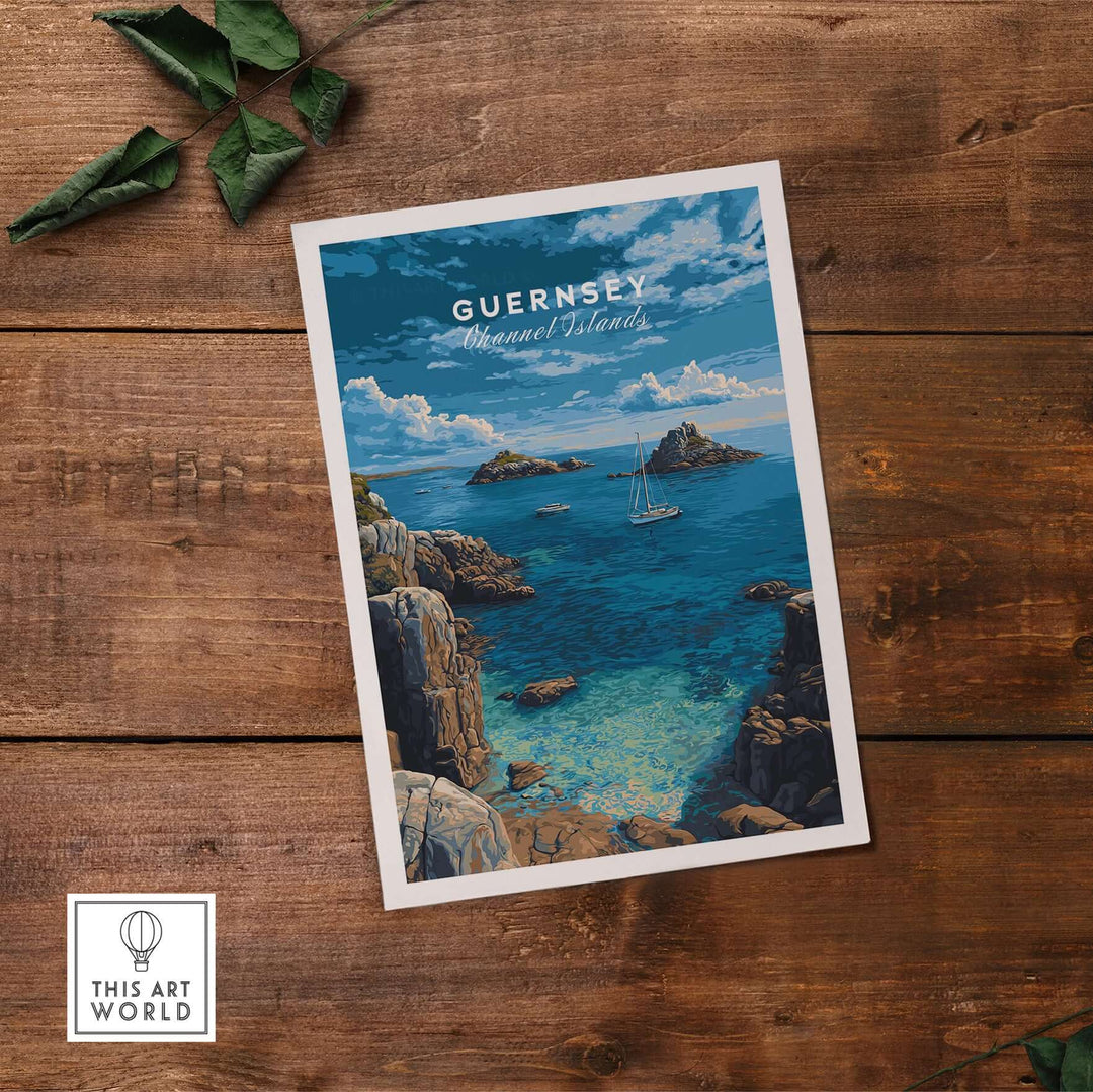 Guernsey Print | Channel Islands Wall Decor showcasing a serene coastal landscape with a sailboat.