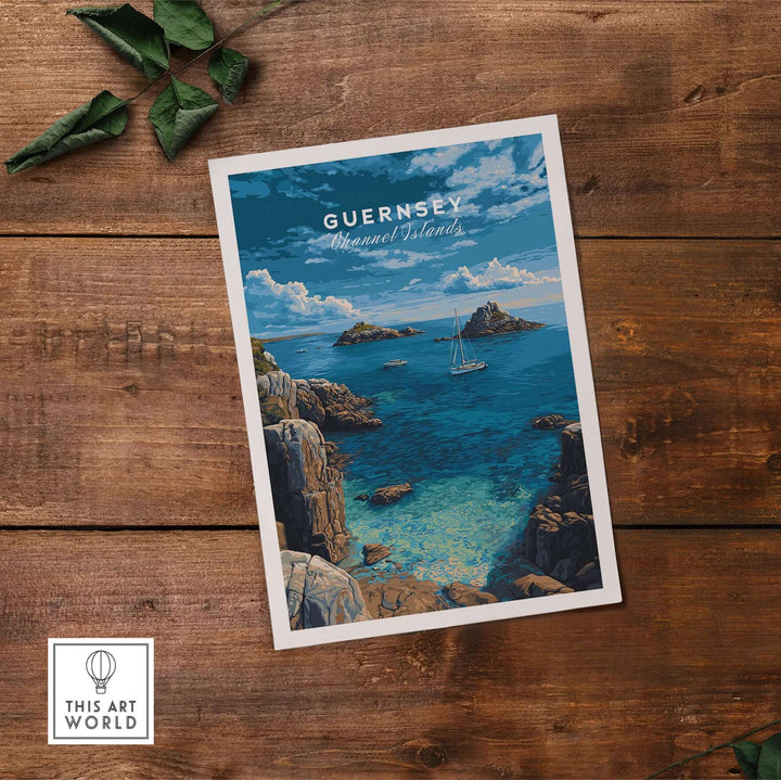 Guernsey Print | Channel Islands Wall Decor showcasing a serene coastal landscape with a sailboat.