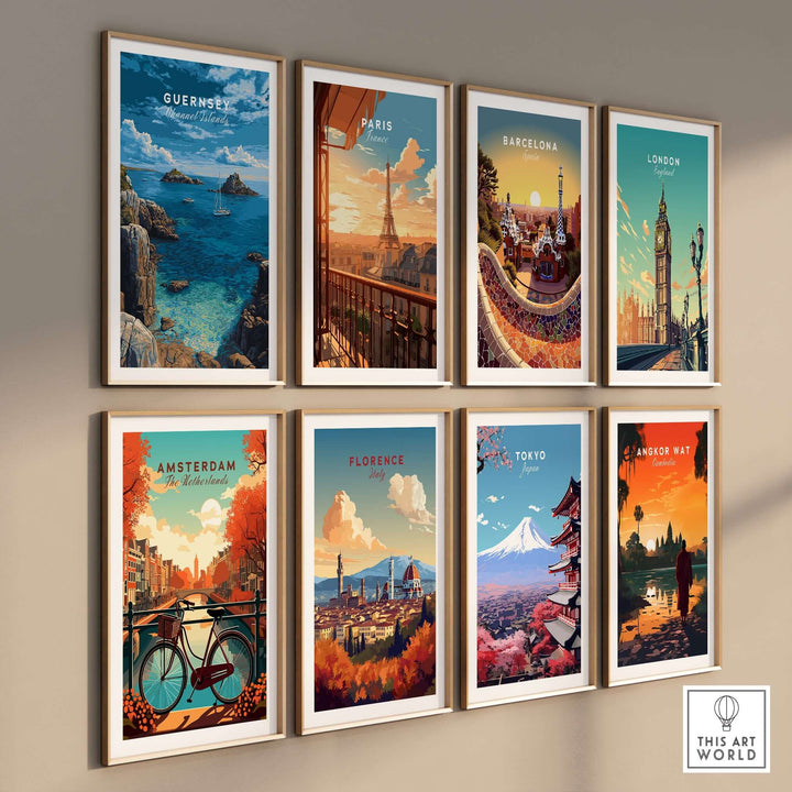 Guernsey Print | Channel Islands Wall Decor showcasing a collection of stunning travel posters on a wall.