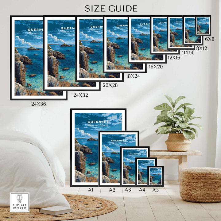 Guernsey Print | Channel Islands Wall Decor size guide showcasing various frame sizes in a stylish living room setting.