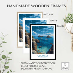 Guernsey Print Channel Islands Coast Art | Rocky Shore Sailing Poster framed in natural, white, and black handmade wooden frames.