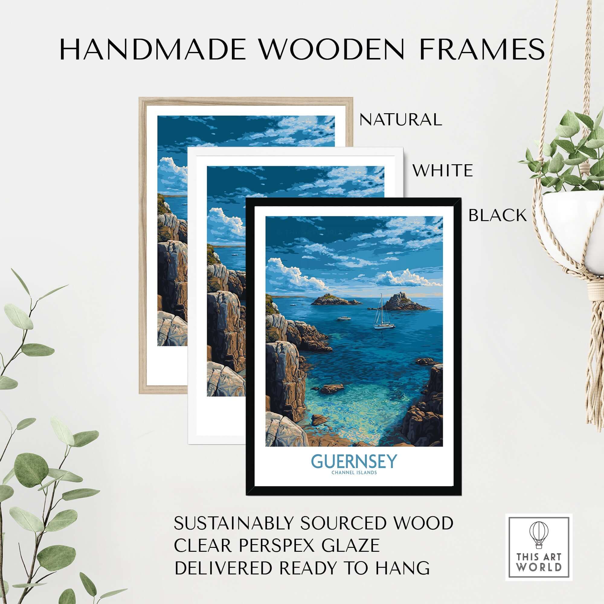Guernsey Print Channel Islands Coast Art | Rocky Shore Sailing Poster framed in natural, white, and black handmade wooden frames.