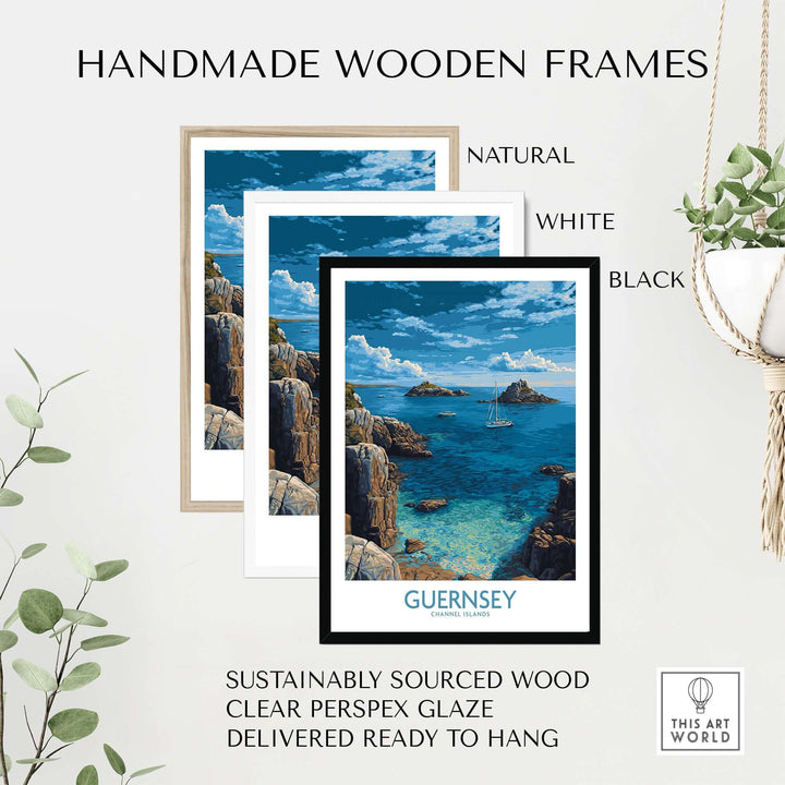 Guernsey Print Channel Islands Coast Art | Rocky Shore Sailing Poster displayed in handmade wooden frames.