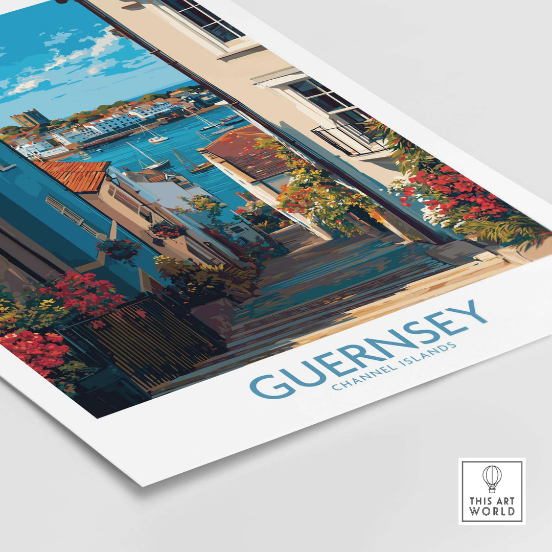 Guernsey St Peter Port Castle Cornet Art Print | Colourful Town Poster showcasing the vibrant waterfront and historic charm.