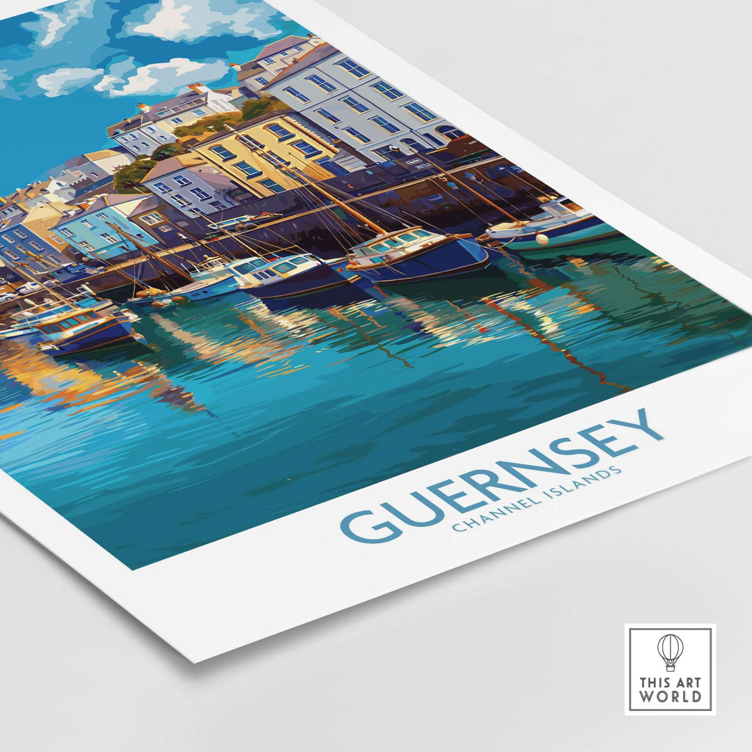 Guernsey St Peter Port Townscape Art Print | Historic Harbour Poster featuring colorful buildings and boats in the harbor.