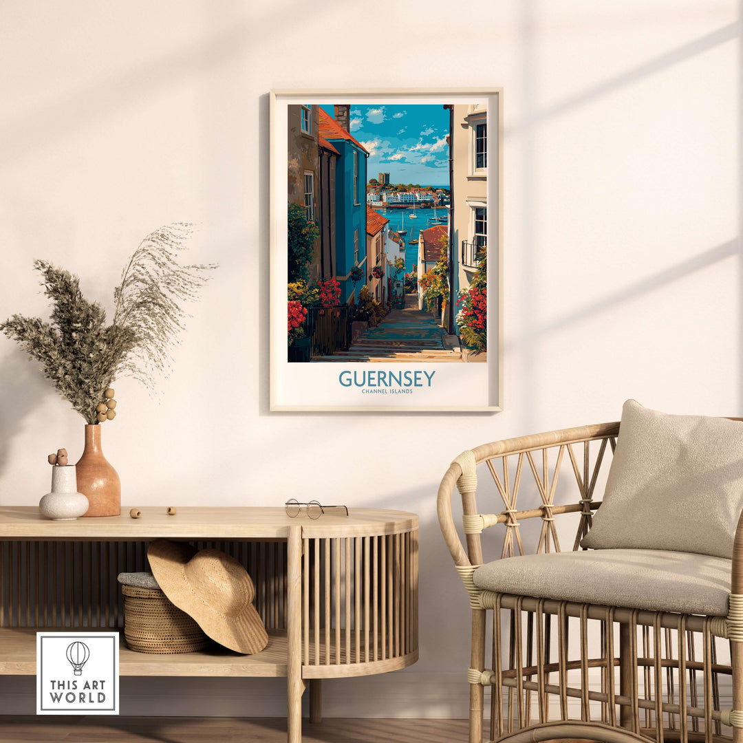 Guernsey St Peter Port Castle Cornet Art Print | Colourful Town Poster displayed in a cozy living room setting.
