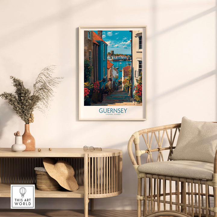 Guernsey St Peter Port Castle Cornet Art Print | Colourful Town Poster displayed in a cozy living room setting.