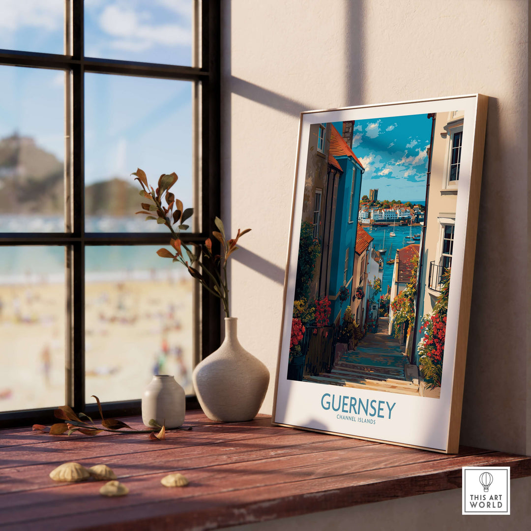 Guernsey St Peter Port Castle Cornet Art Print | Colourful Town Poster displayed in a bright room overlooking the beach.