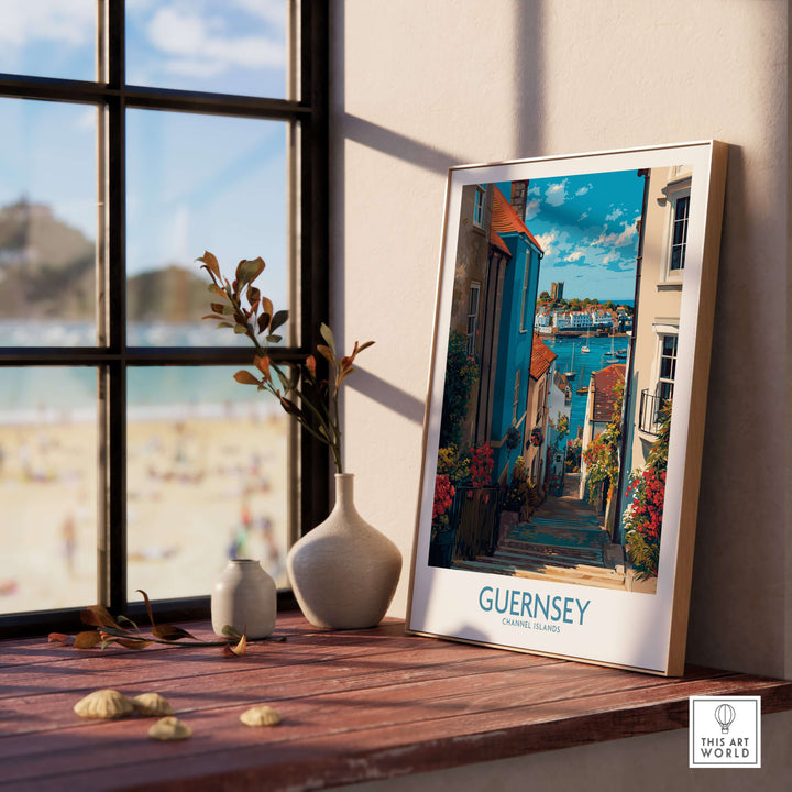Guernsey St Peter Port Castle Cornet Art Print | Colourful Town Poster displayed in a bright room overlooking the beach.