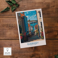 Guernsey St Peter Port Castle Cornet Art Print | Colourful Town Poster featuring bright waterfront and historic buildings.
