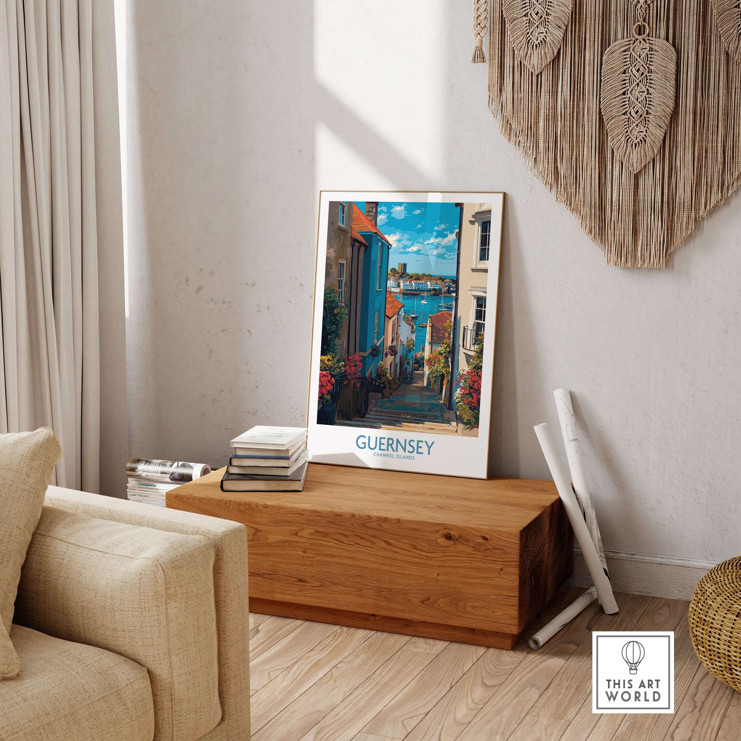 Guernsey St Peter Port Castle Cornet Art Print | Colourful Town Poster featuring a charming coastal scene in a stylish living room.