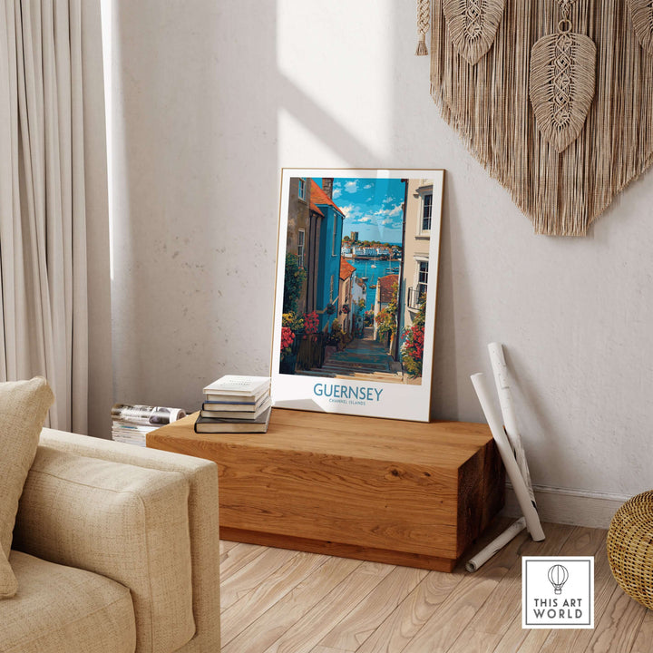 Guernsey St Peter Port Castle Cornet Art Print | Colourful Town Poster displayed in a cozy living room setting.