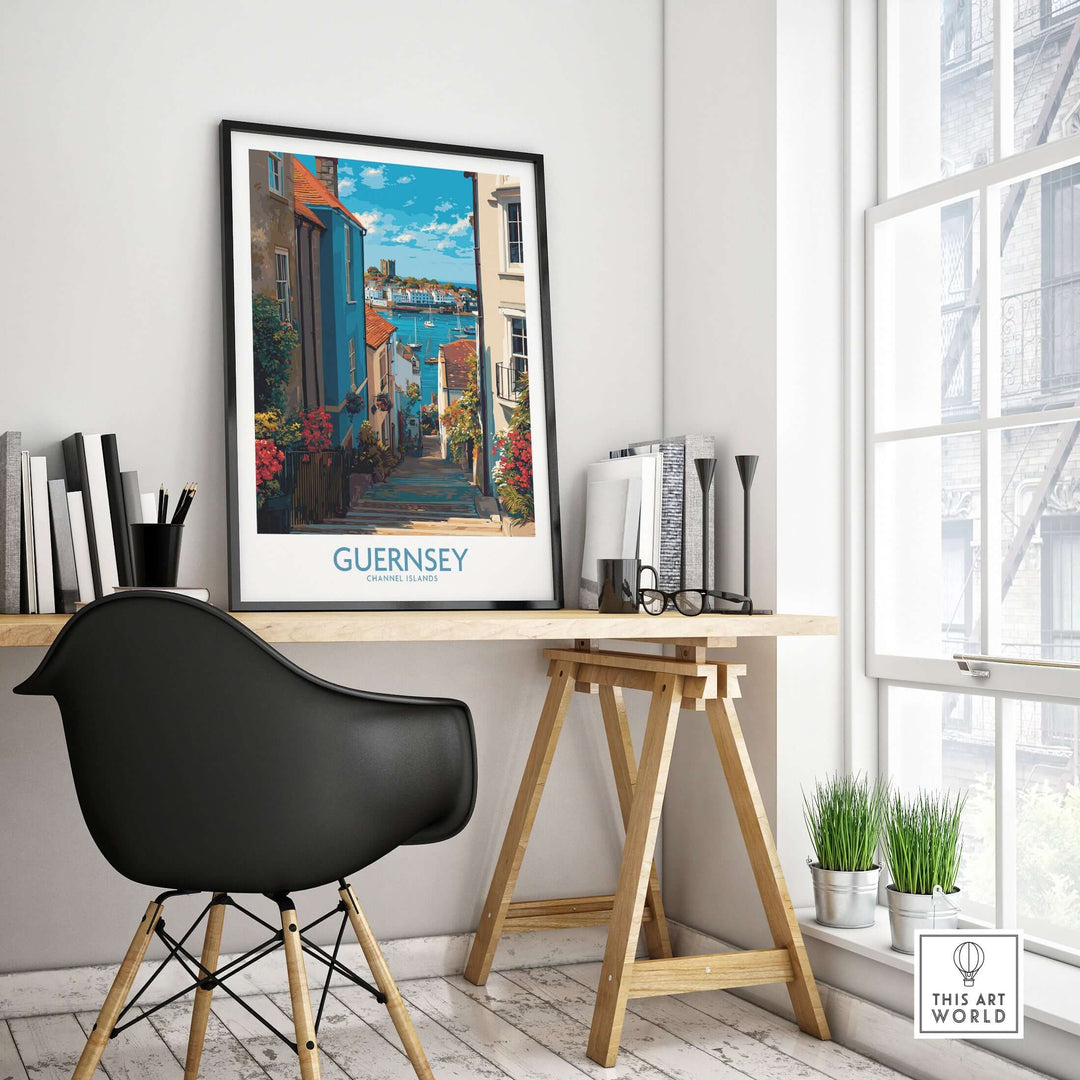 Guernsey St Peter Port Castle Cornet Art Print | Colourful Town Poster displayed in a stylish office interior.