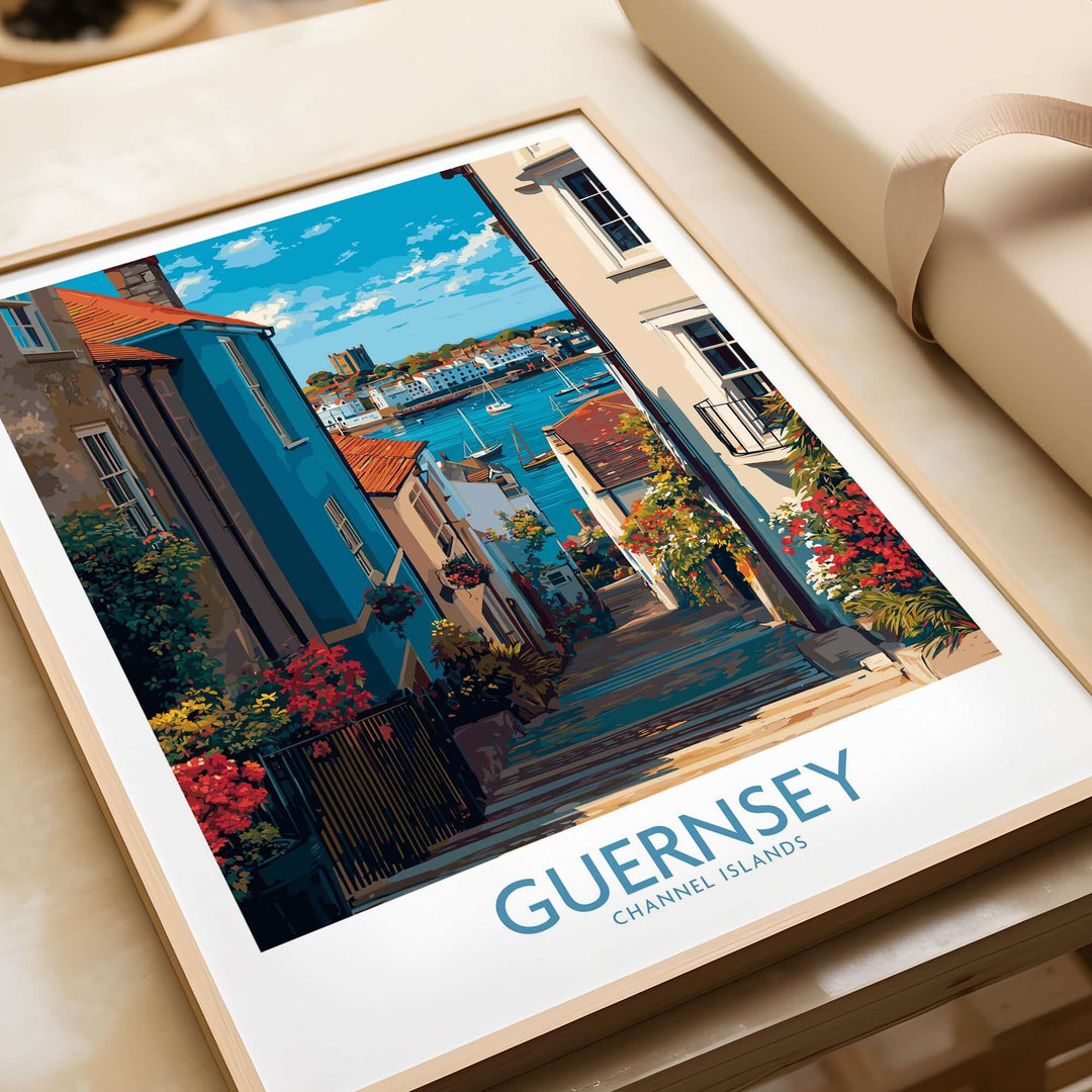 Guernsey St Peter Port Castle Cornet Art Print | Colourful Town Poster on a table with a coastal view in the background.
