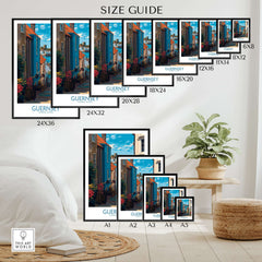 Guernsey St Peter Port Castle Cornet Art Print | Colourful Town Poster size guide featuring various frame sizes.