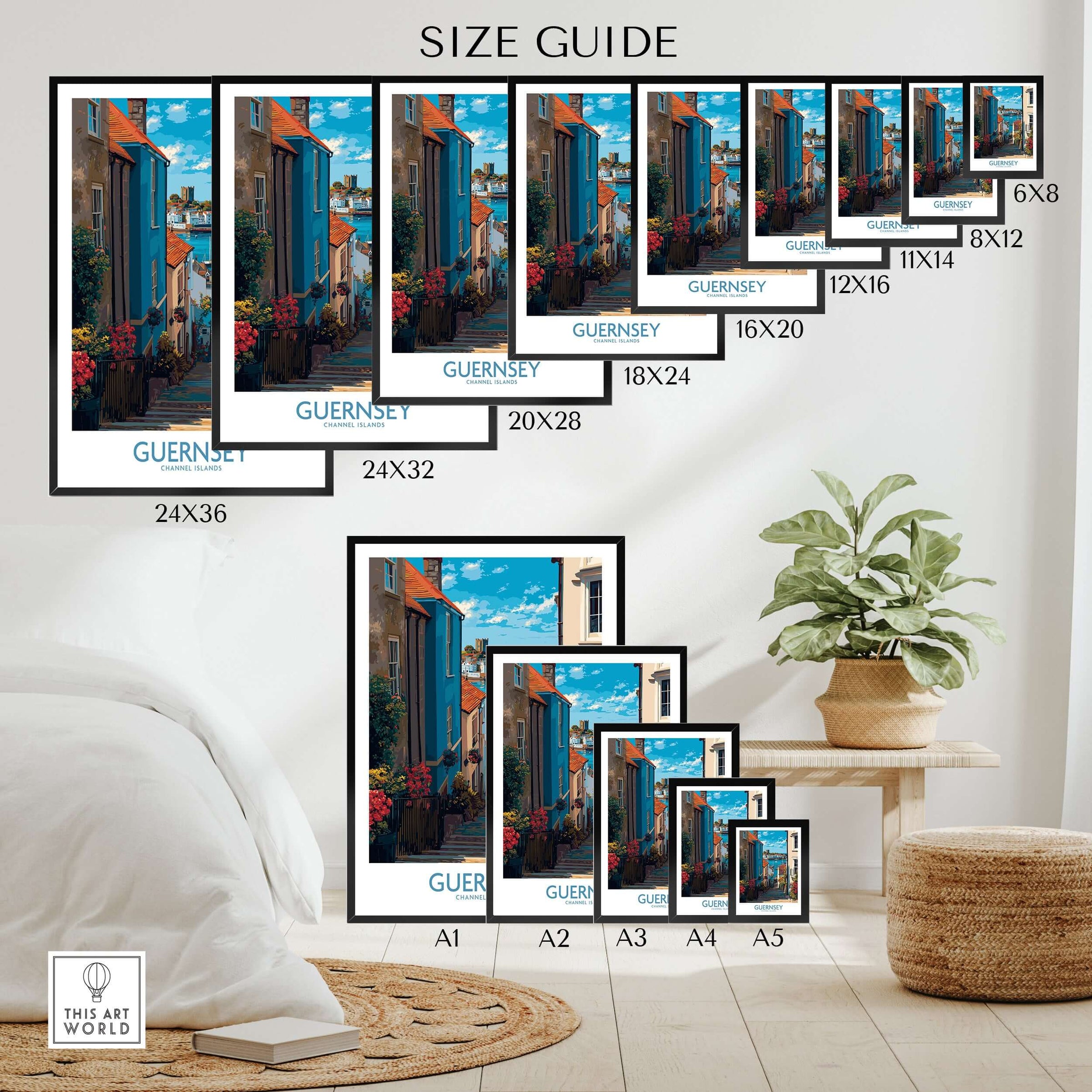 Guernsey St Peter Port Castle Cornet Art Print | Colourful Town Poster size guide featuring various frame sizes.