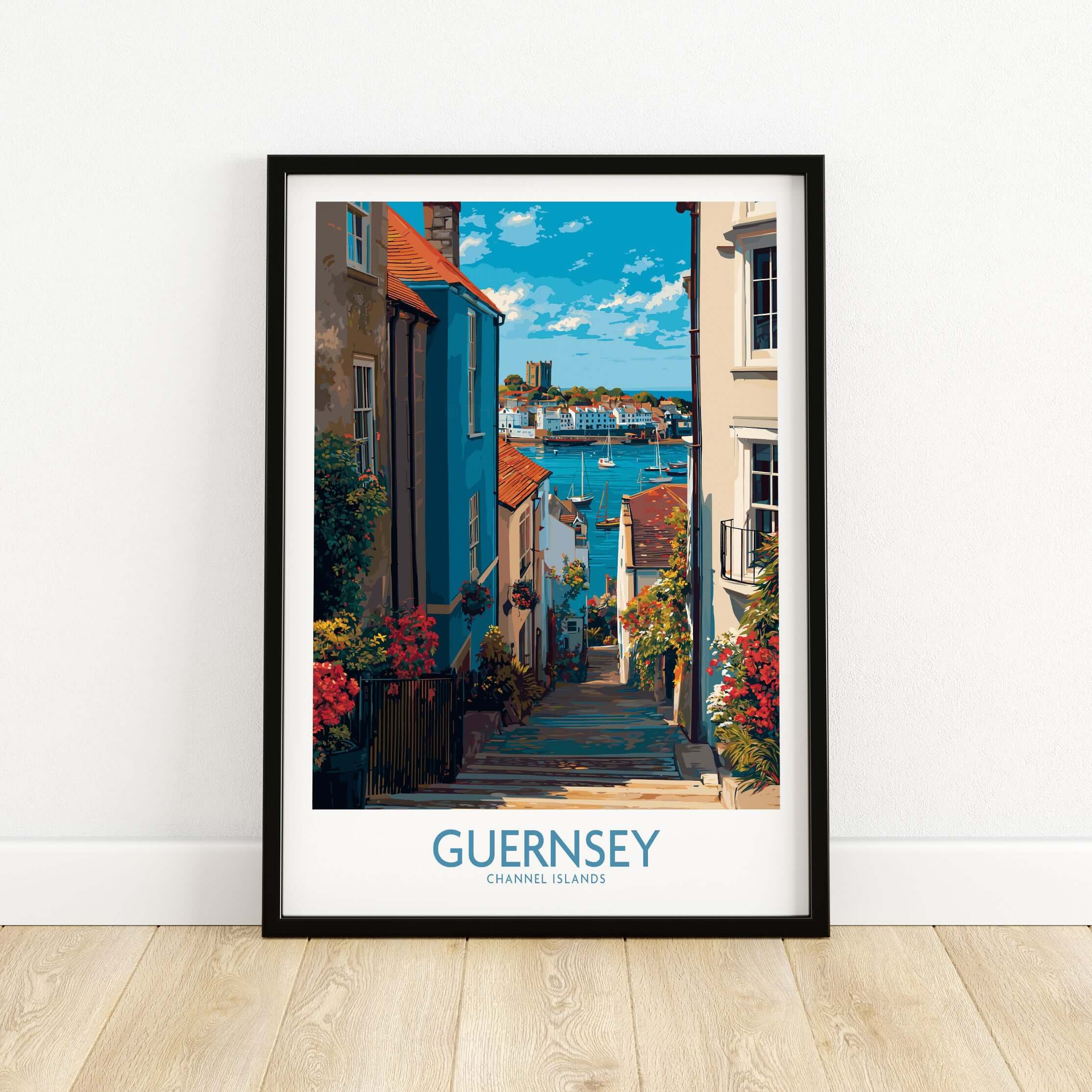 Guernsey St Peter Port Castle Cornet Art Print | Colourful Town Poster showcasing a vibrant waterfront scene.