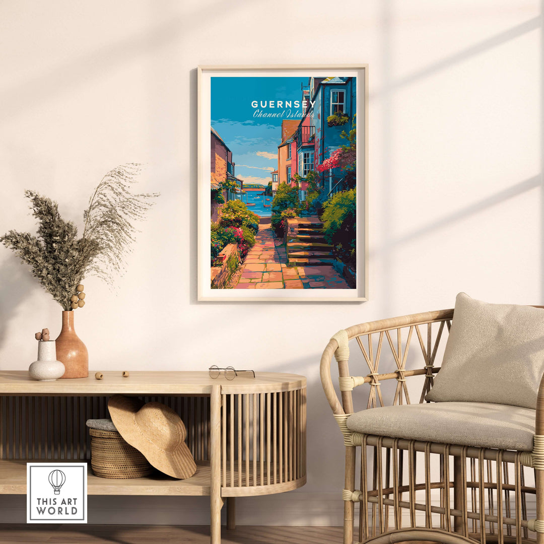 Guernsey St Peter Port Steps Print | British Seaside Wall Decor in a modern interior with a rattan chair and potted plant.