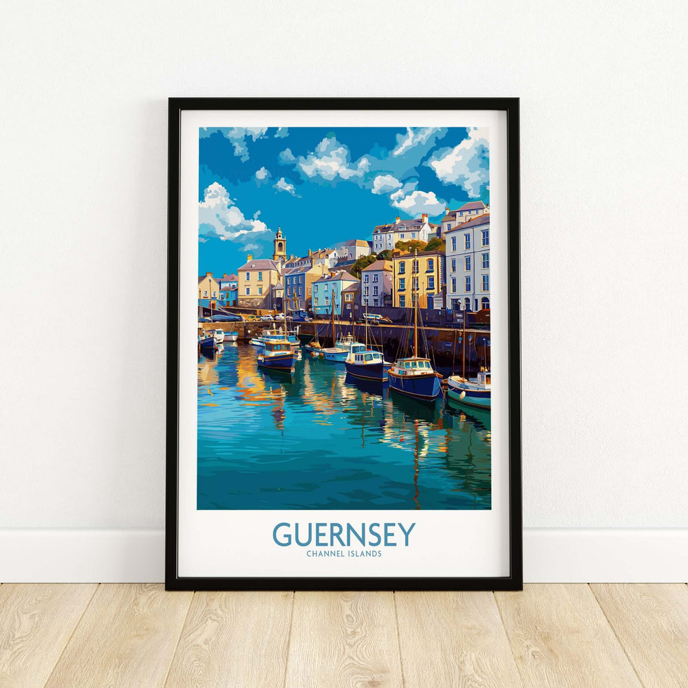Guernsey St Peter Port Townscape Art Print | Historic Harbour Poster featuring vibrant harbour scene in Guernsey.