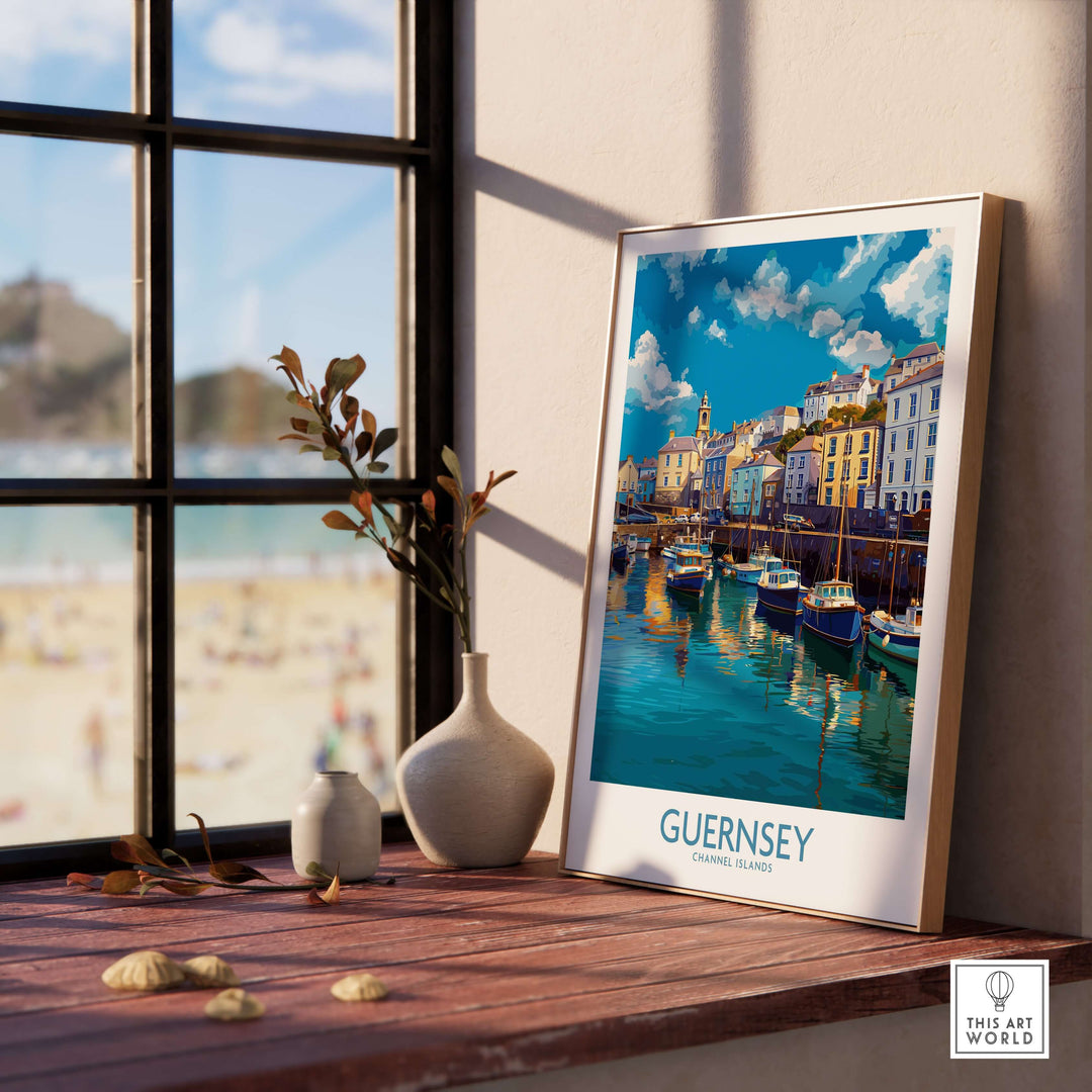 Guernsey St Peter Port Townscape Art Print | Historic Harbour Poster displayed in a sunlit room with a scenic view.