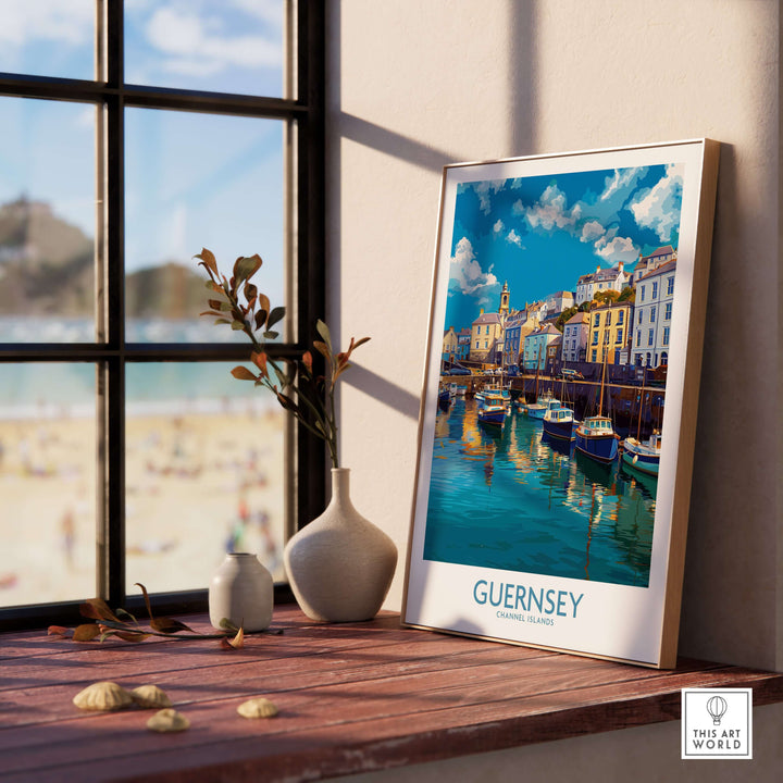 Guernsey St Peter Port Townscape Art Print | Historic Harbour Poster displayed in a sunlit room with a scenic view.