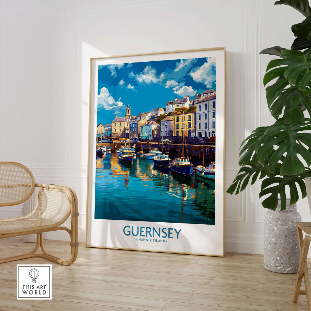 Guernsey St Peter Port Townscape Art Print | Historic Harbour Poster showcased in a stylish interior setting.