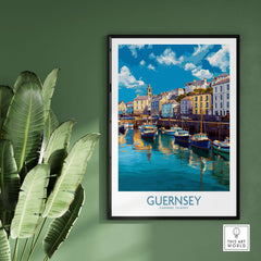 Guernsey St Peter Port Townscape Art Print | Historic Harbour Poster displayed on a green wall with coastal scenery.