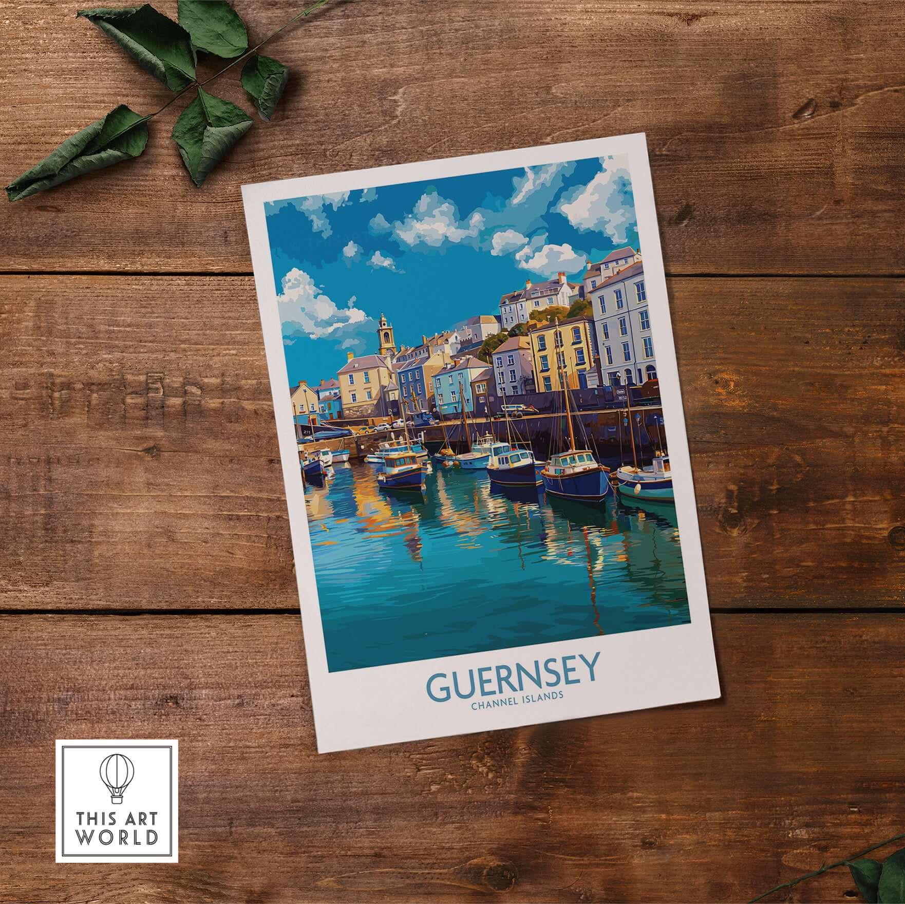 Guernsey St Peter Port Townscape Art Print | Historic Harbour Poster showcasing a vibrant harbour scene with boats.