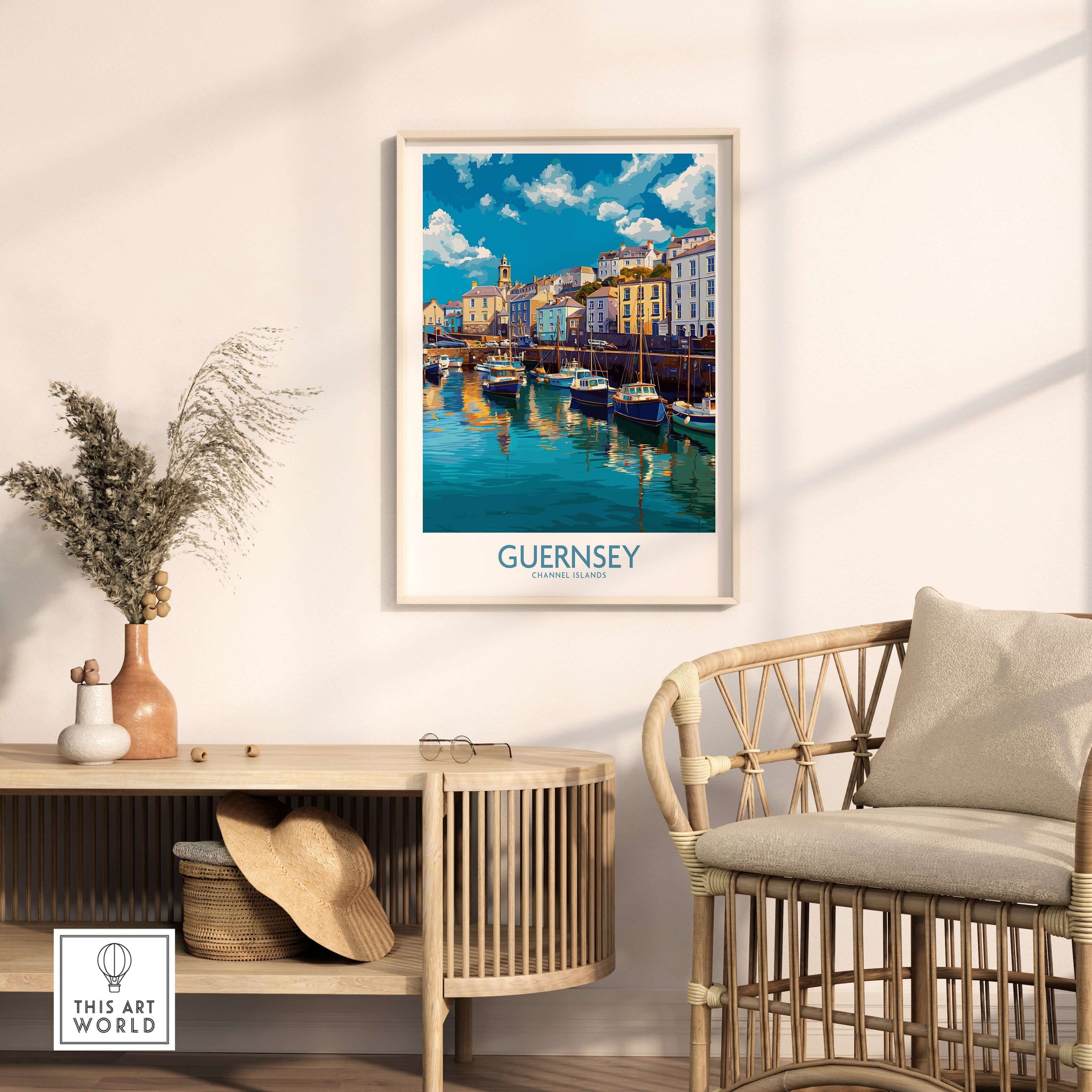 Guernsey St Peter Port Townscape Art Print | Historic Harbour Poster displayed in a cozy living room setting.