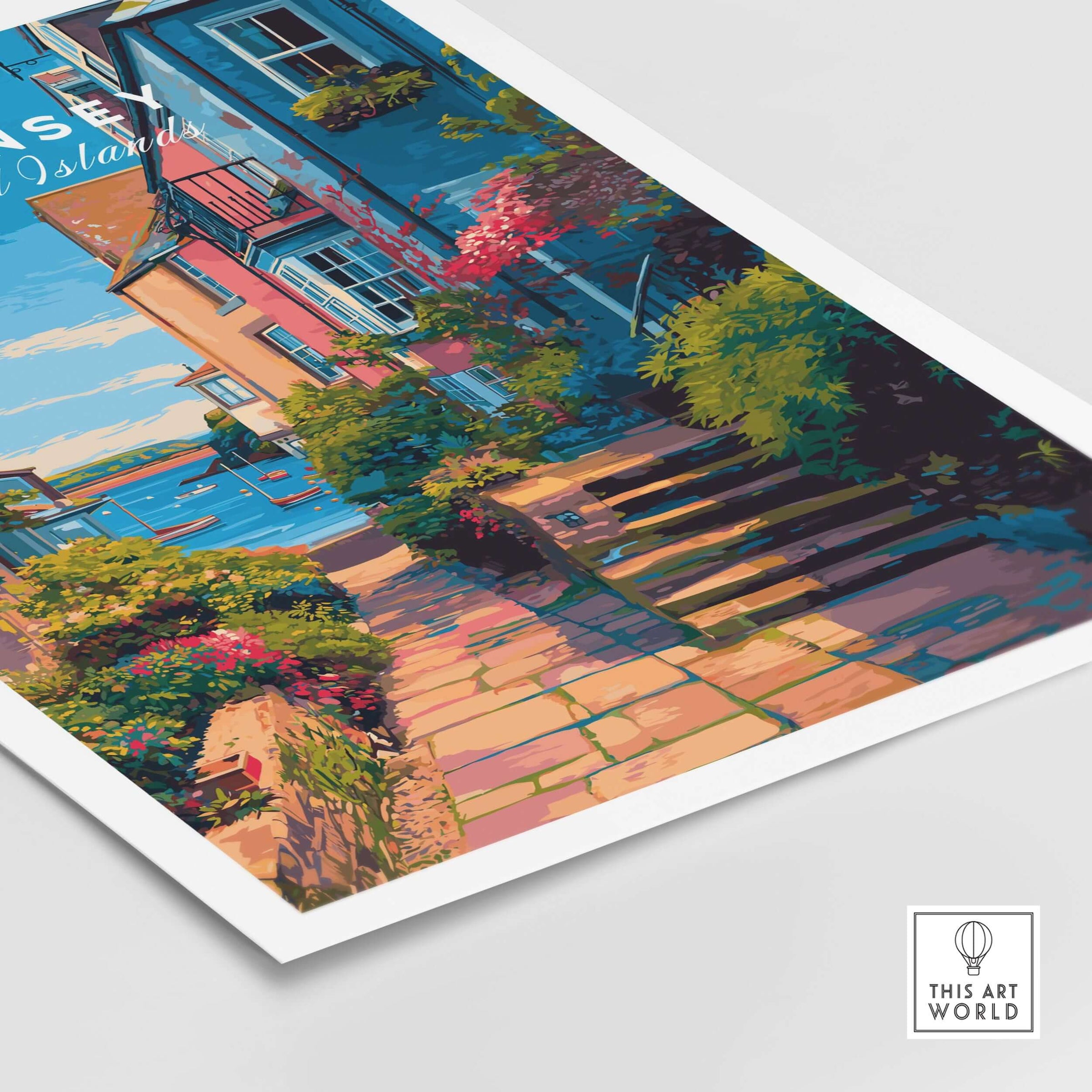 Guernsey St Peter Port Steps Print | British Seaside Wall Decor showcasing vibrant coastal steps and colorful buildings.