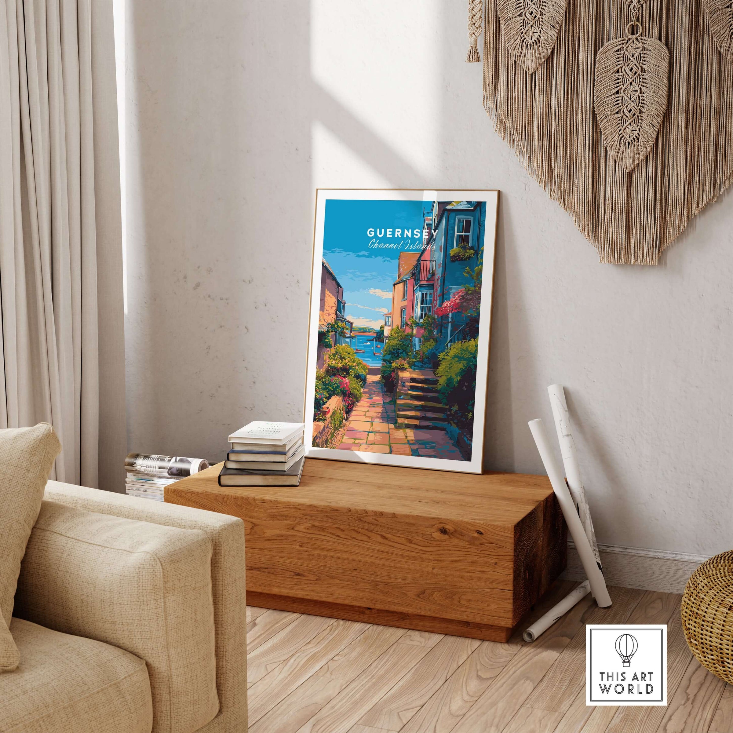 Guernsey St Peter Port Steps Print | British Seaside Wall Decor displayed in a cozy living room setting.