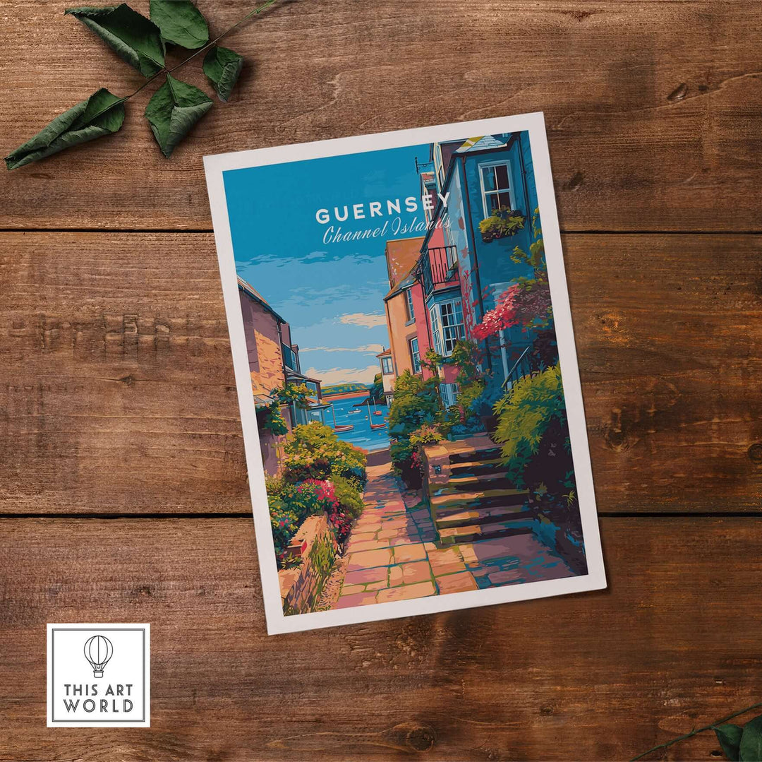 Guernsey St Peter Port Steps Print | British Seaside Wall Decor with coastal scenery and colorful houses.