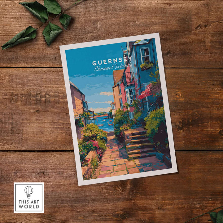 Guernsey St Peter Port Steps Print | British Seaside Wall Decor with coastal scenery and colorful houses.