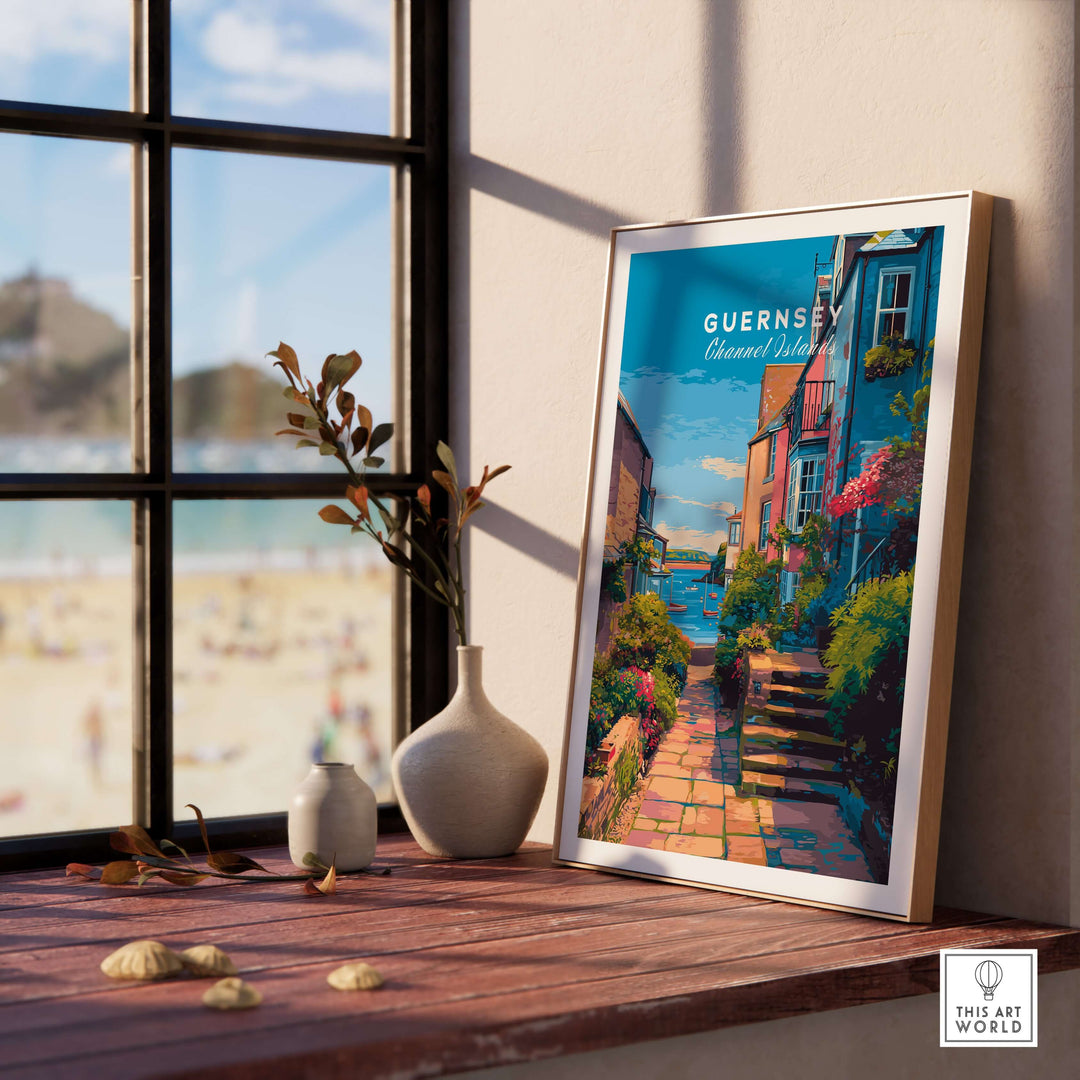 Guernsey St Peter Port Steps Print | British Seaside Wall Decor framed and displayed on a table near a sunny window.