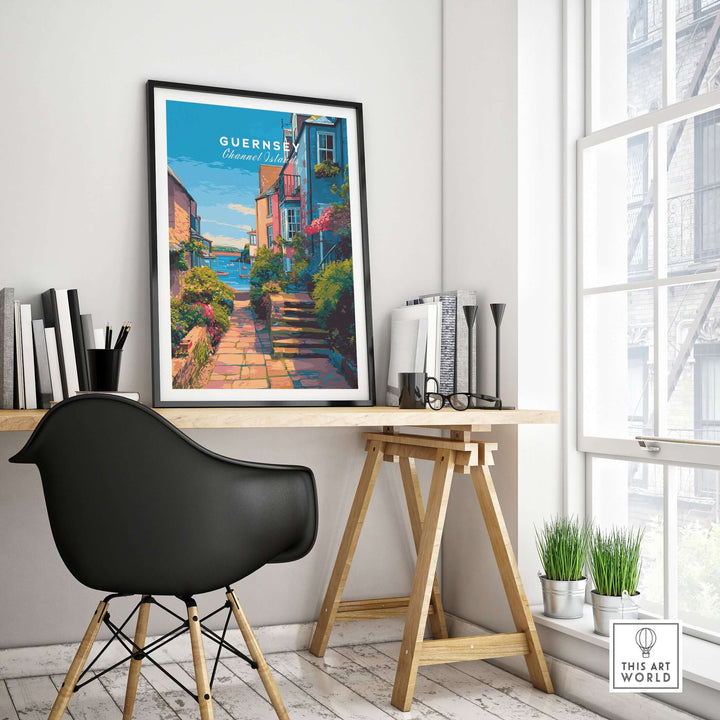Guernsey St Peter Port Steps Print | British Seaside Wall Decor showcased in a stylish home office setting.