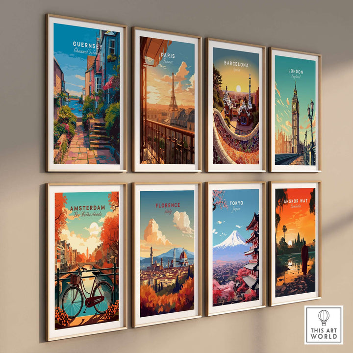 Guernsey St Peter Port Steps Print | British Seaside Wall Decor displayed among various city prints in a gallery wall arrangement.